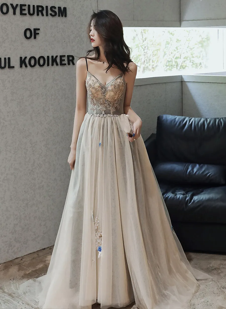 Champagne Sweetheart Beaded and Lace Long Party Dress, A-line Champagne Prom Dress