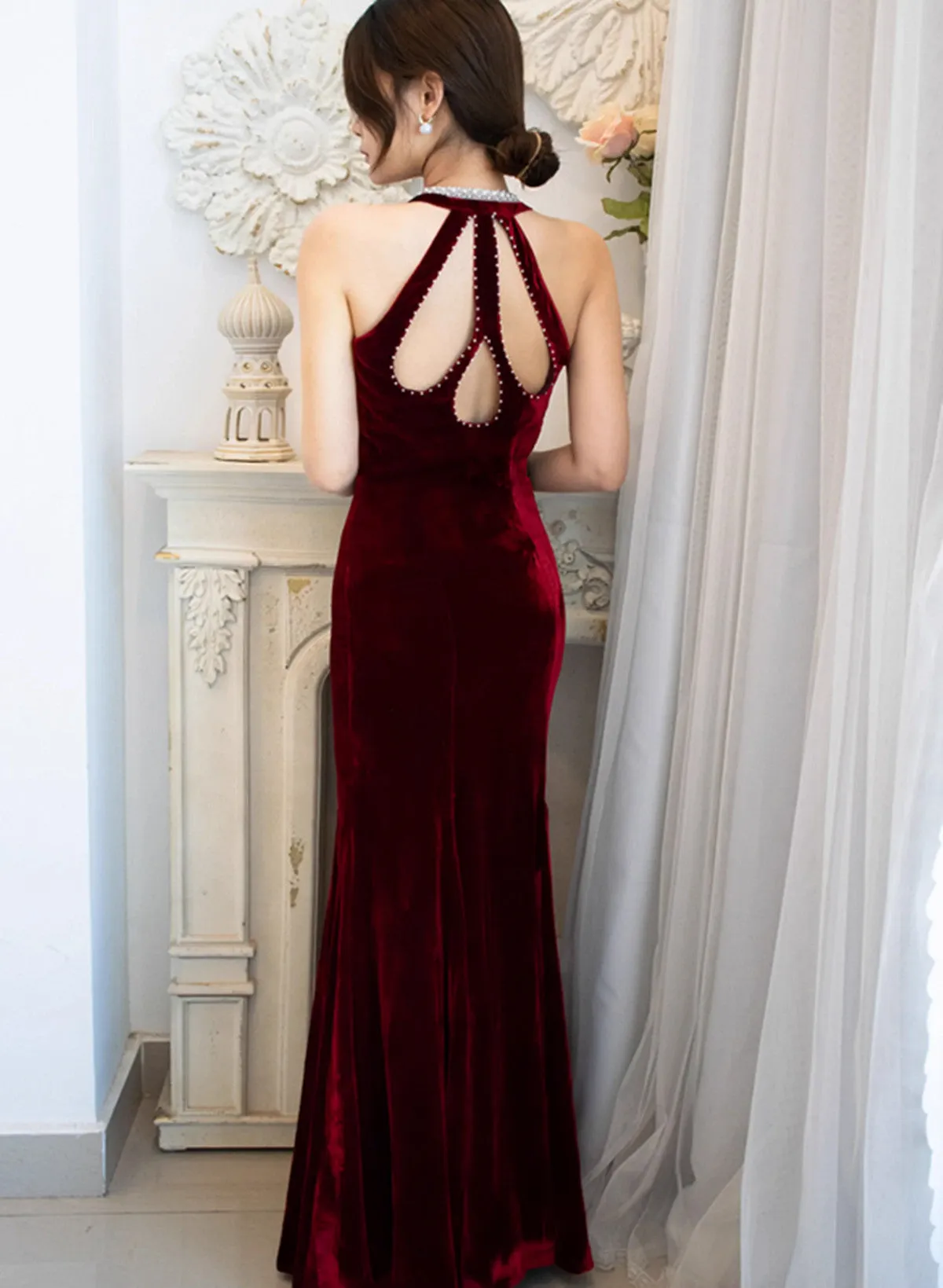 Charming Wine Red Mermaid Velvet Long Prom Dress, Wine Red Evening Dress