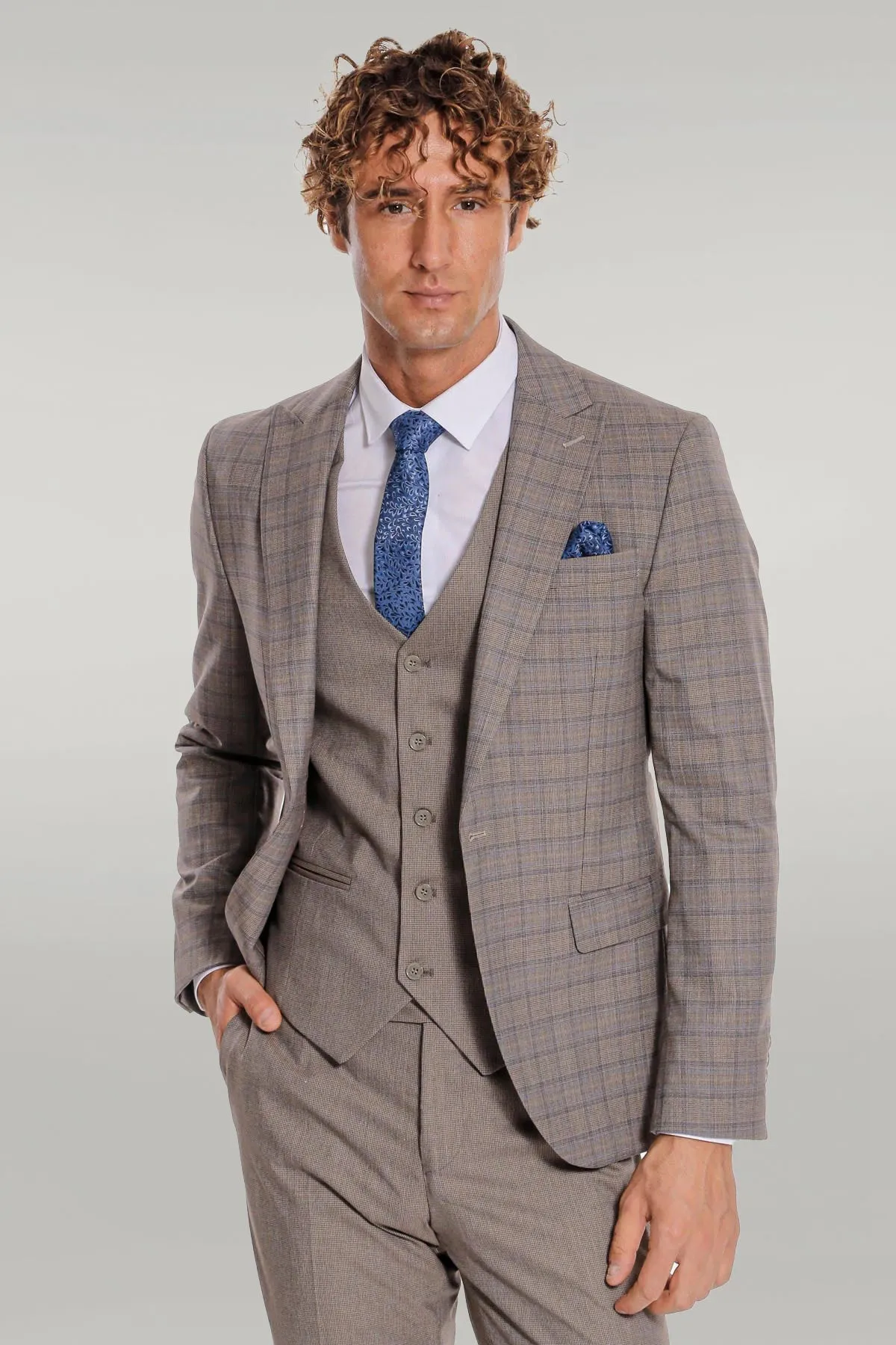 Checked Slim Fit Light Brown Men Suit - Wessi