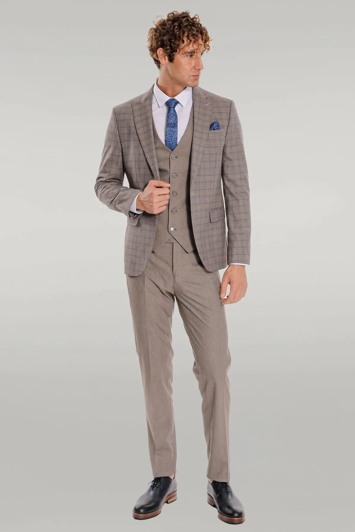 Checked Slim Fit Light Brown Men Suit - Wessi