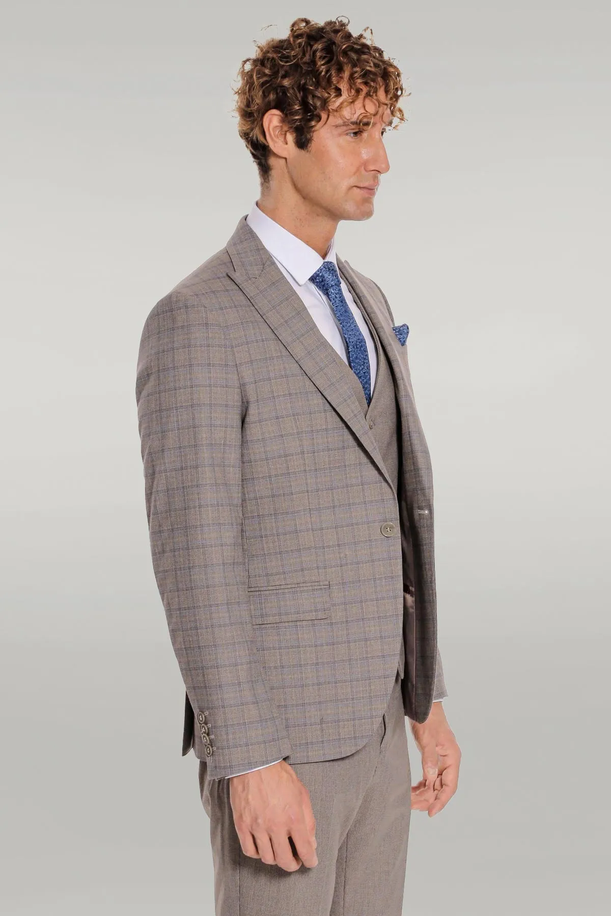 Checked Slim Fit Light Brown Men Suit - Wessi