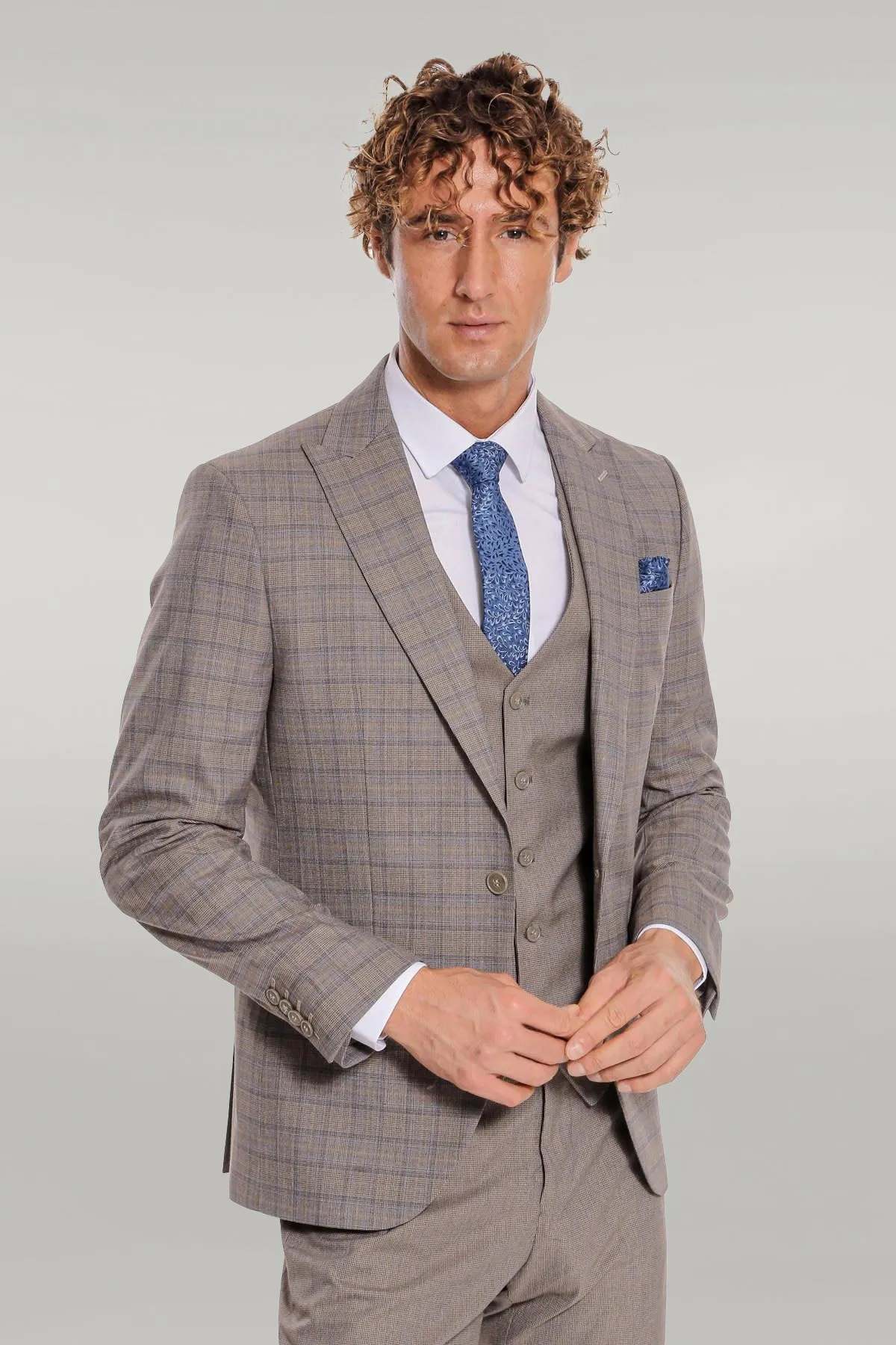 Checked Slim Fit Light Brown Men Suit - Wessi