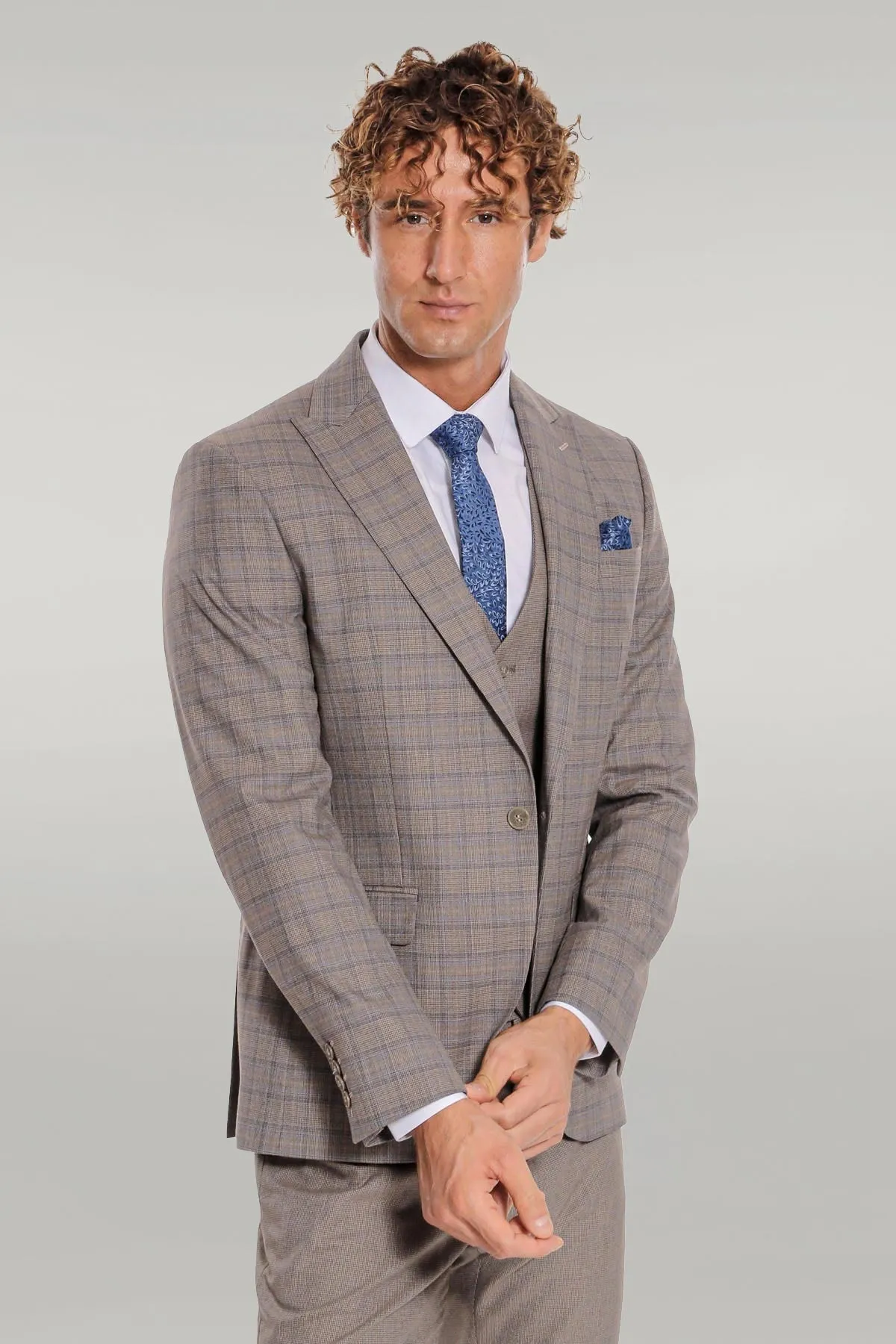 Checked Slim Fit Light Brown Men Suit - Wessi