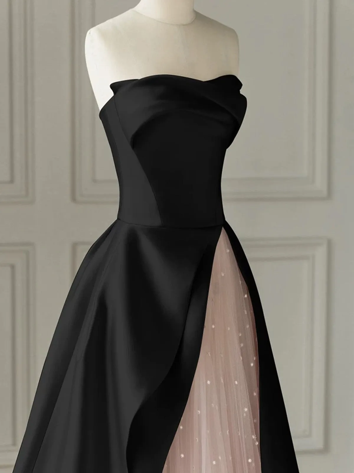 Chic Pink and Black Satin with Tulle Prom Dress, A-line Long Party Dress