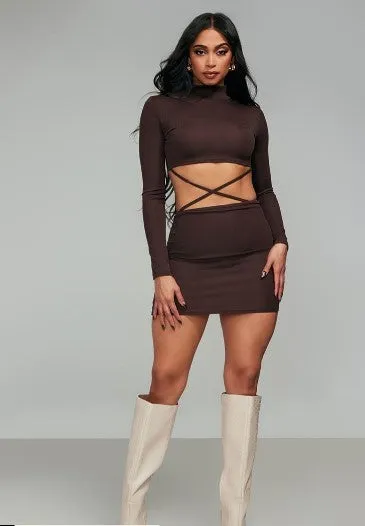 CHOCOLATE RIB HIGH NECK CUT OUT CROSS DETAIL BODYCON DRESS