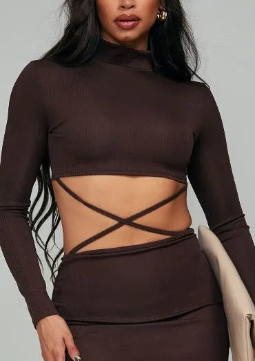 CHOCOLATE RIB HIGH NECK CUT OUT CROSS DETAIL BODYCON DRESS