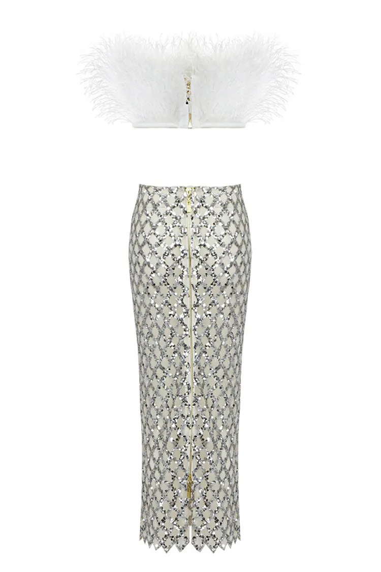 Classy Feather Strapless Top Sequin Midi Skirt Two Piece Dress - White