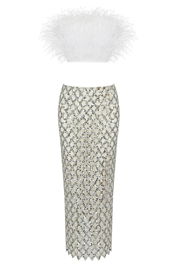 Classy Feather Strapless Top Sequin Midi Skirt Two Piece Dress - White