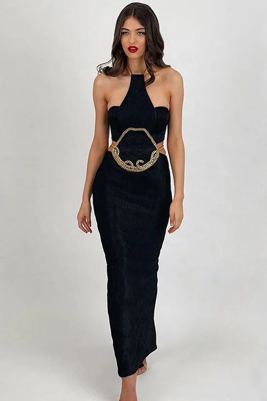 Classy Halter Sleeveless Chained Cutout Ribbed Bandage Cocktail Midi Dress - Black