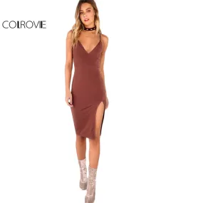 COLROVIE Sexy Bodycon Party Dress Women Brown V Neck Side Split Slim Summer Cami Dresses 2017 Fashion Elegant Club Midi Dress