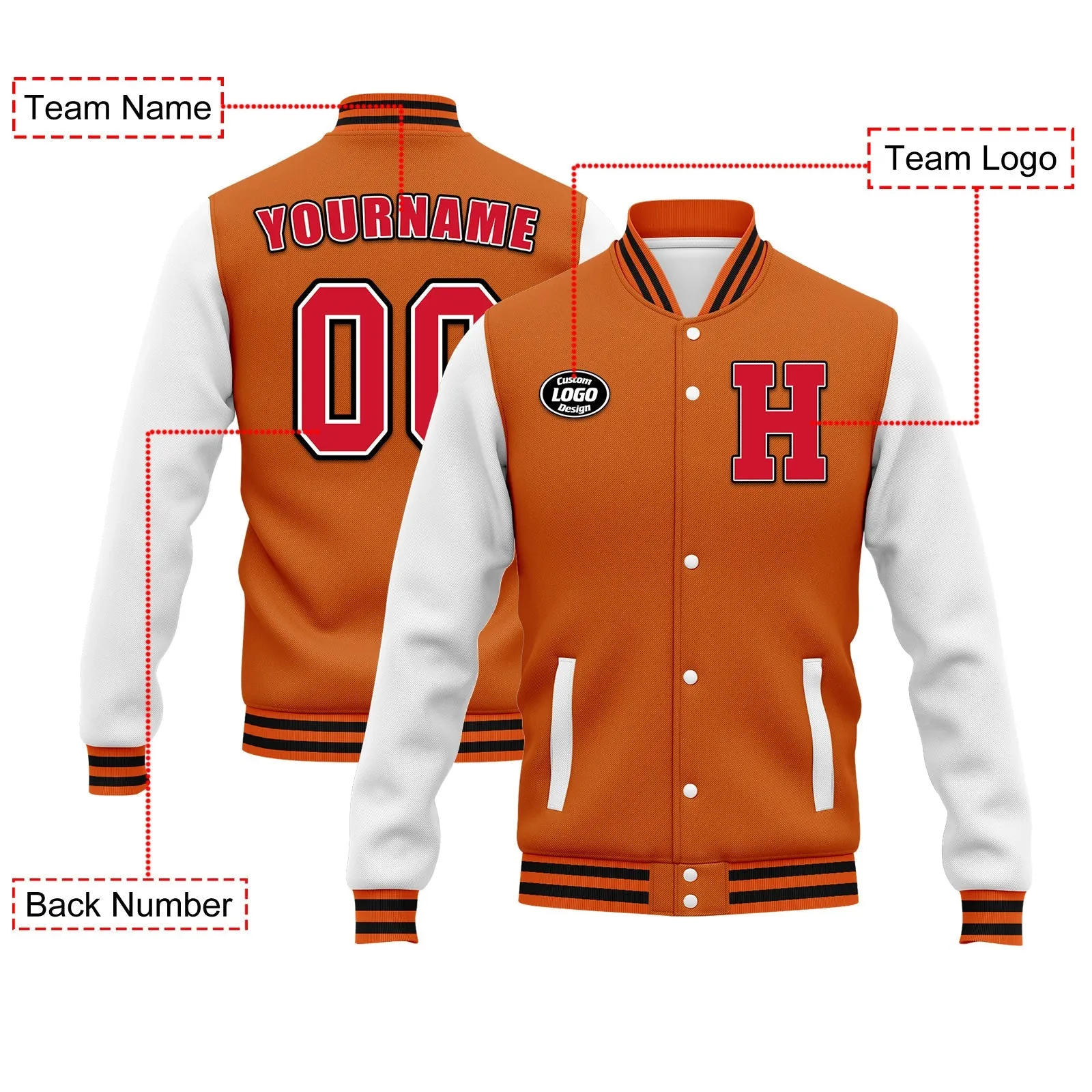 Custom Orange White Jacket Bomber Full-Snap Varsity Letterman Personalized Jacket FZ005-D020255-8