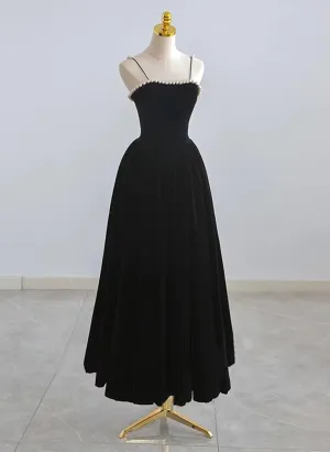 Cute Black Velvet Straps Tea Length Party Dress, Black Velvet Homecoming Dress