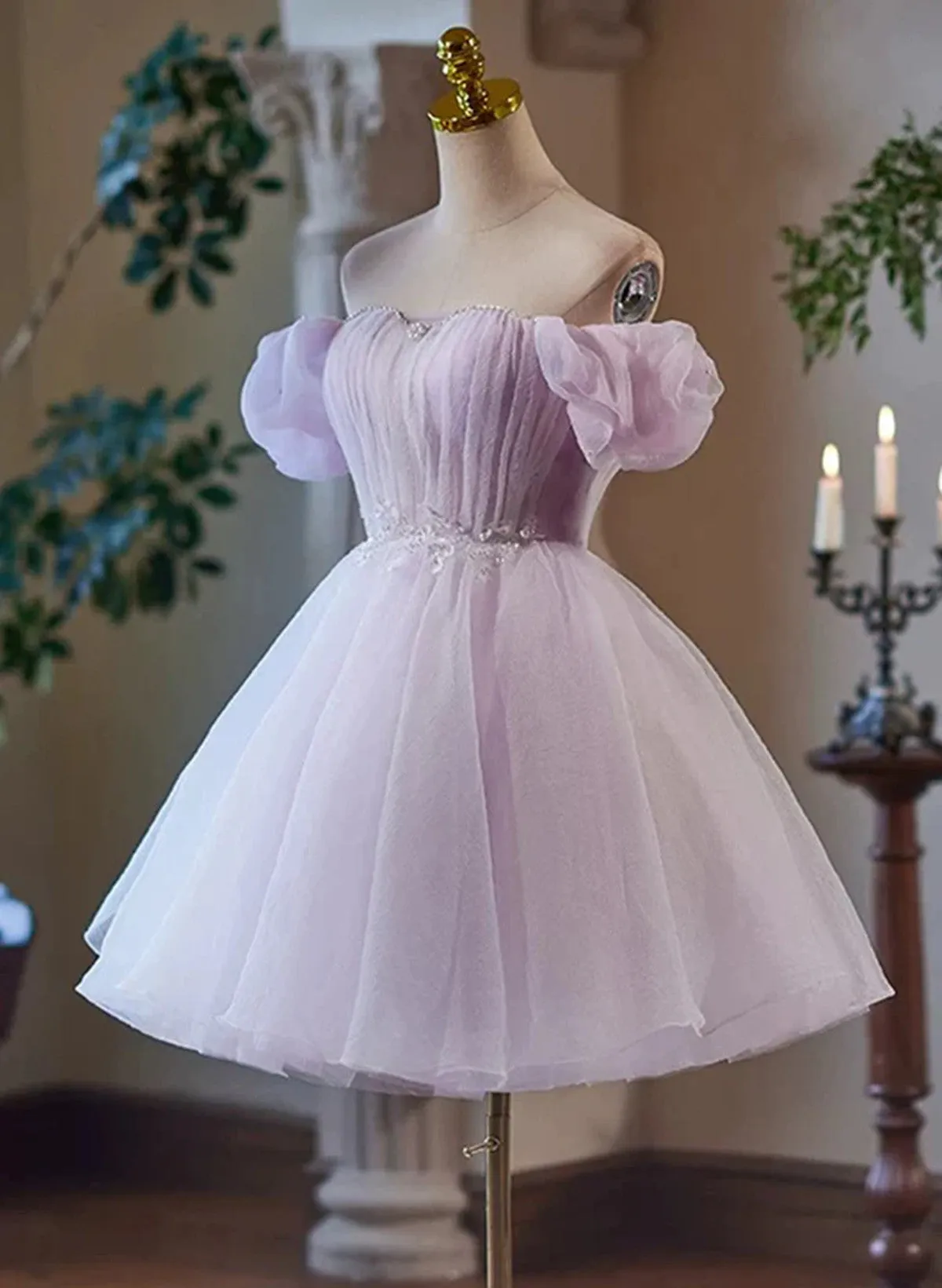 Cute Tulle Light Purple Off Shoulder Party Dress, Light Purple Homecoming Dress