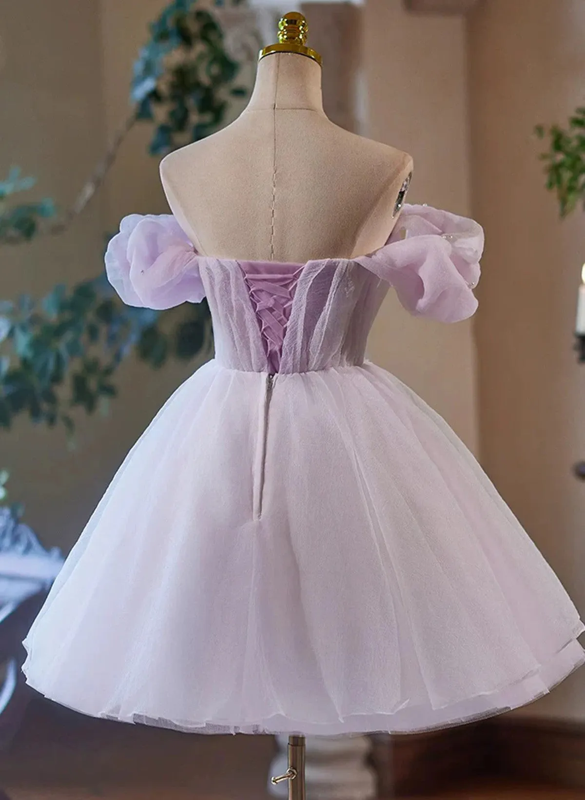 Cute Tulle Light Purple Off Shoulder Party Dress, Light Purple Homecoming Dress