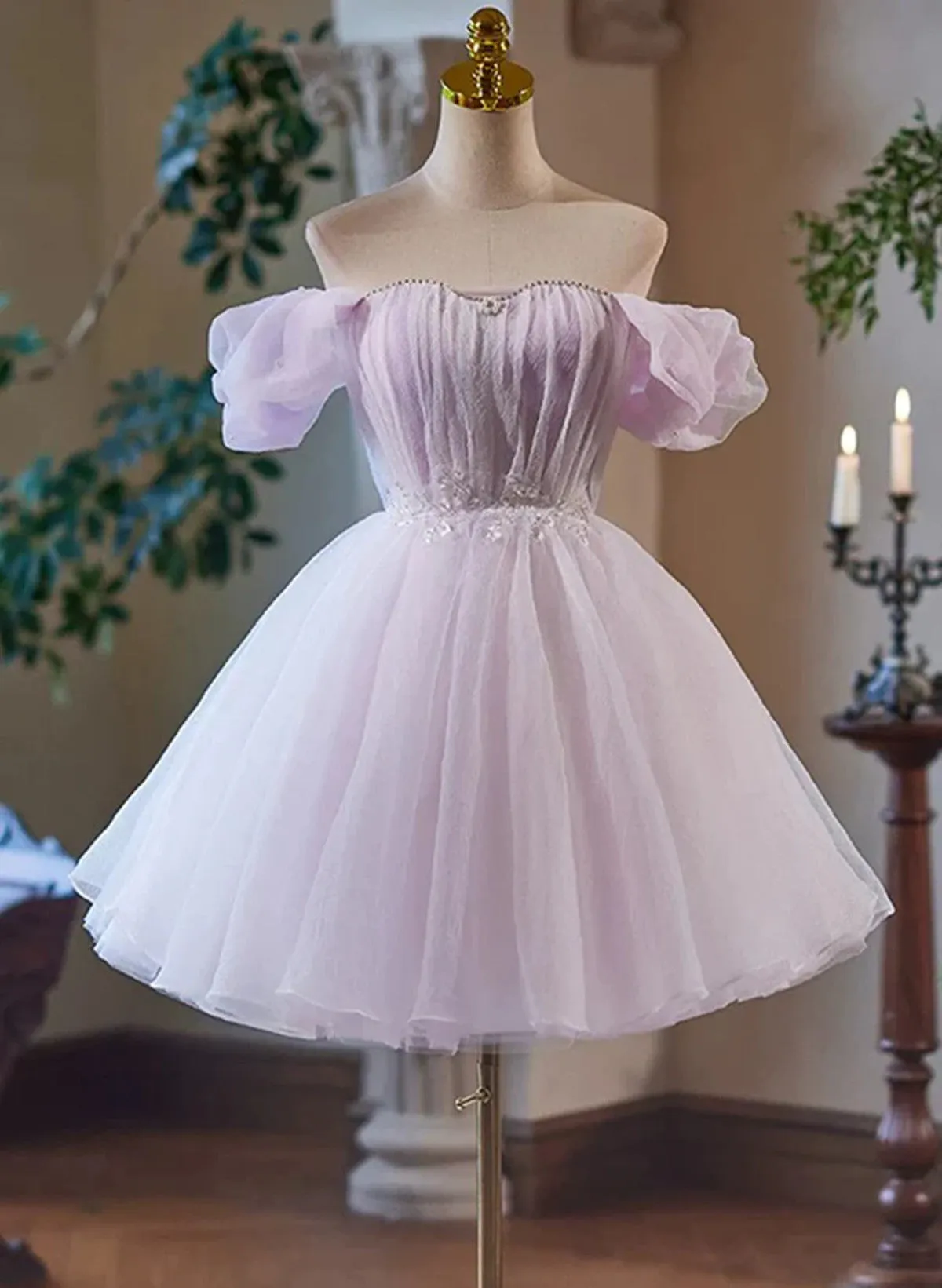 Cute Tulle Light Purple Off Shoulder Party Dress, Light Purple Homecoming Dress