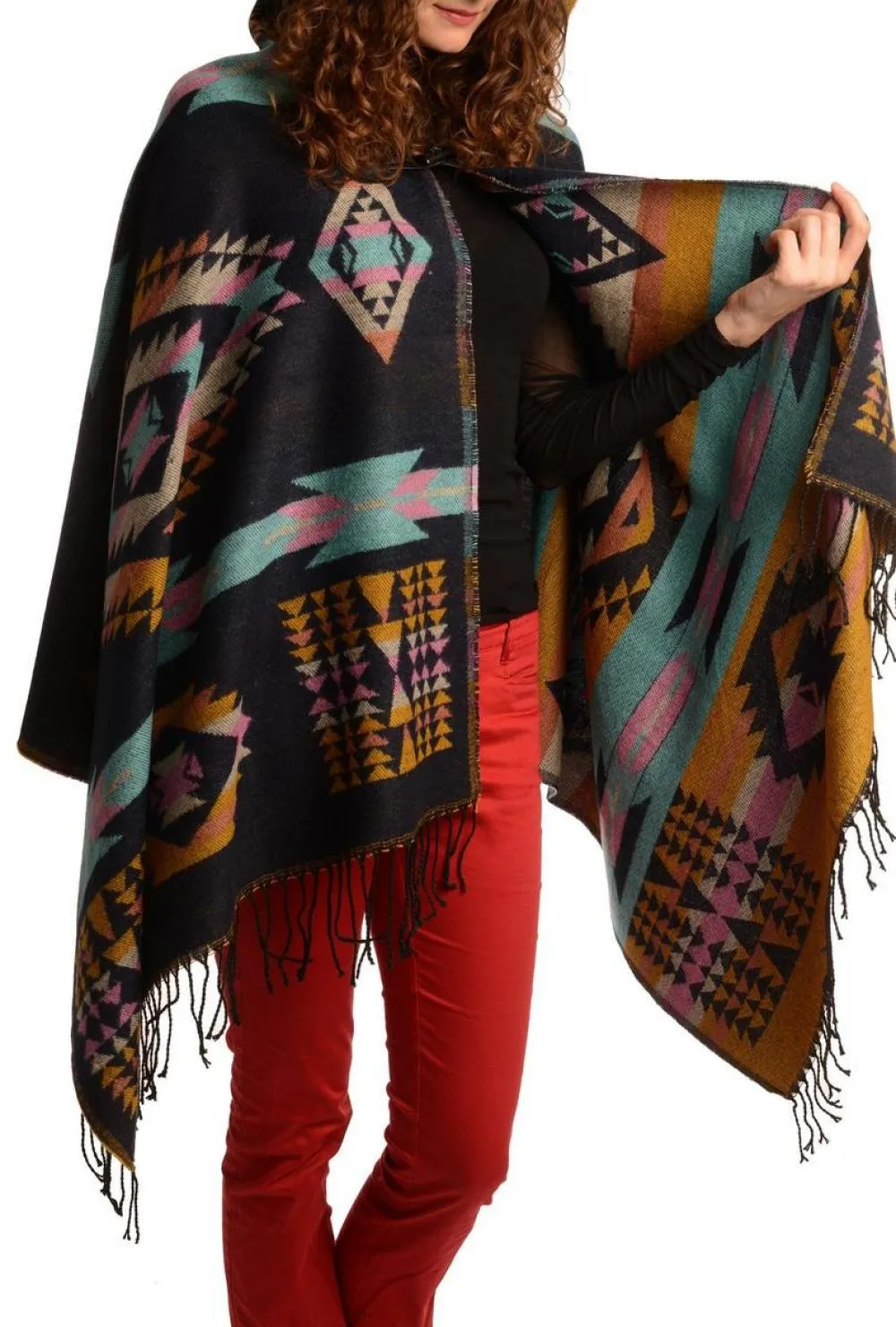 Dark Blue Woven Aztec With Hood Poncho