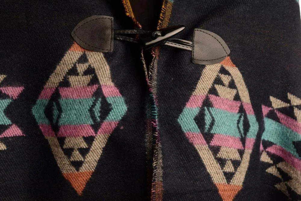 Dark Blue Woven Aztec With Hood Poncho