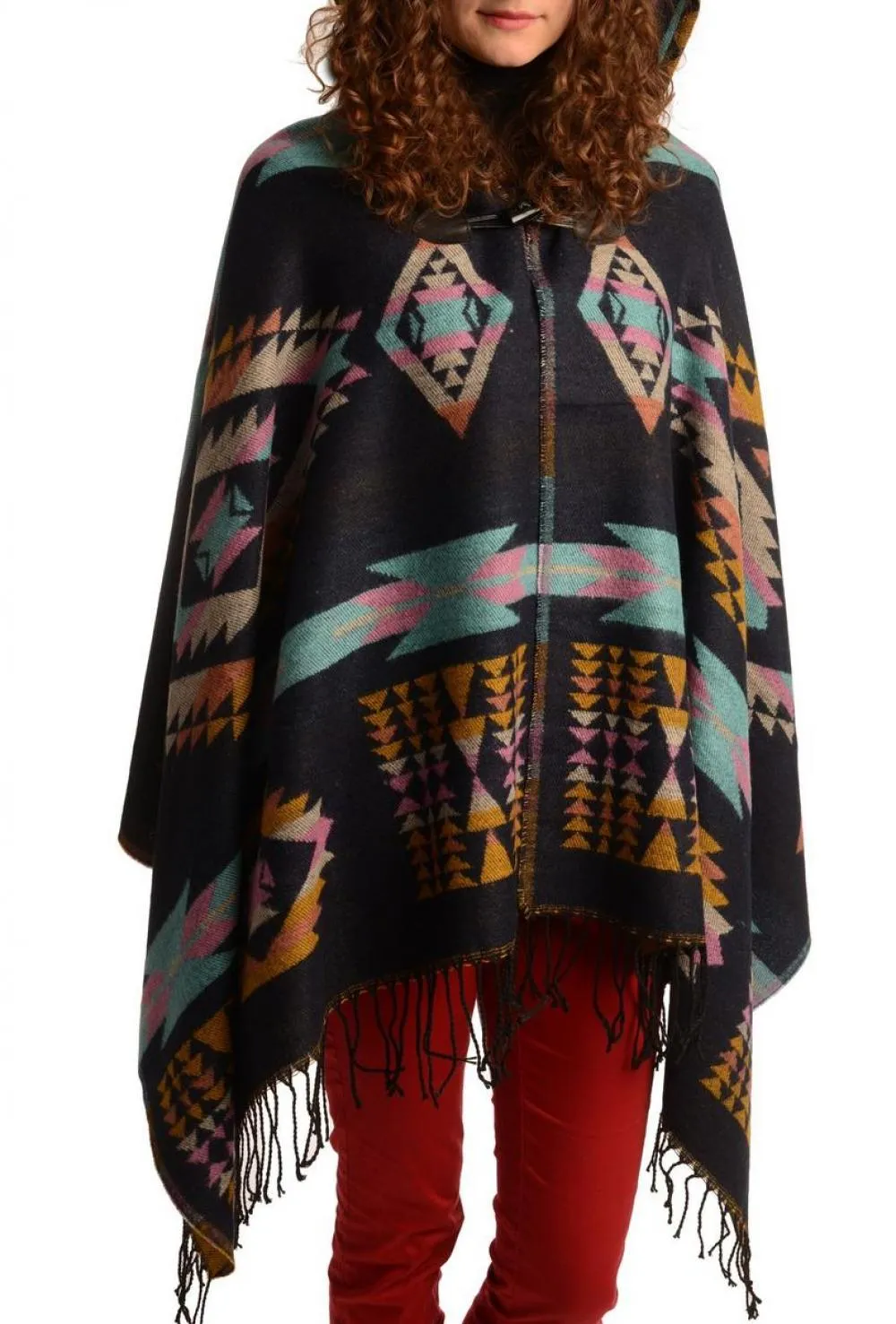 Dark Blue Woven Aztec With Hood Poncho