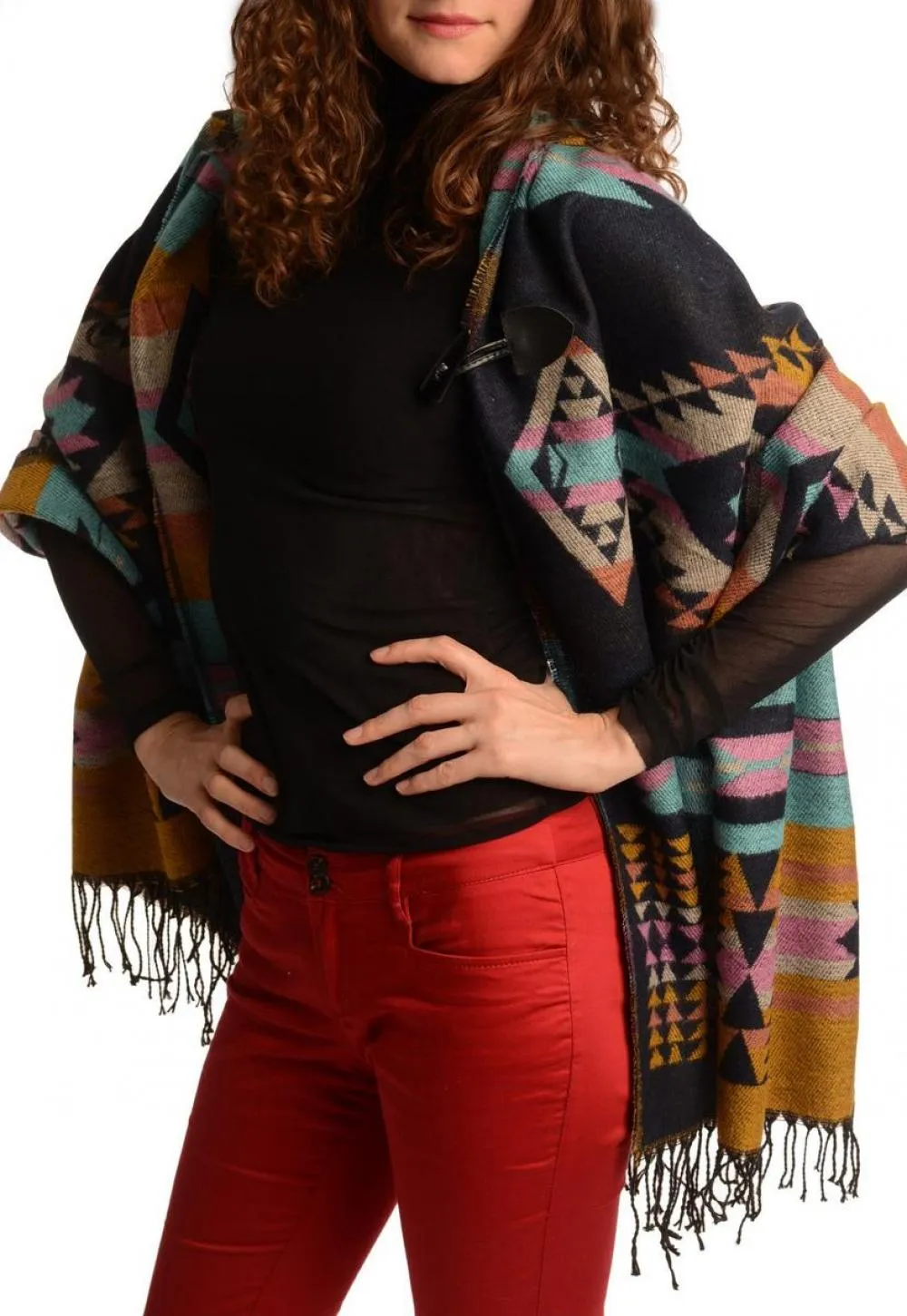 Dark Blue Woven Aztec With Hood Poncho