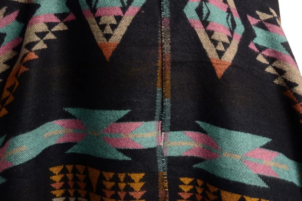 Dark Blue Woven Aztec With Hood Poncho