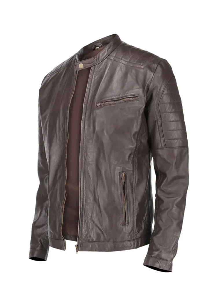 Dark Brown Quilted Biker Leather Jacket