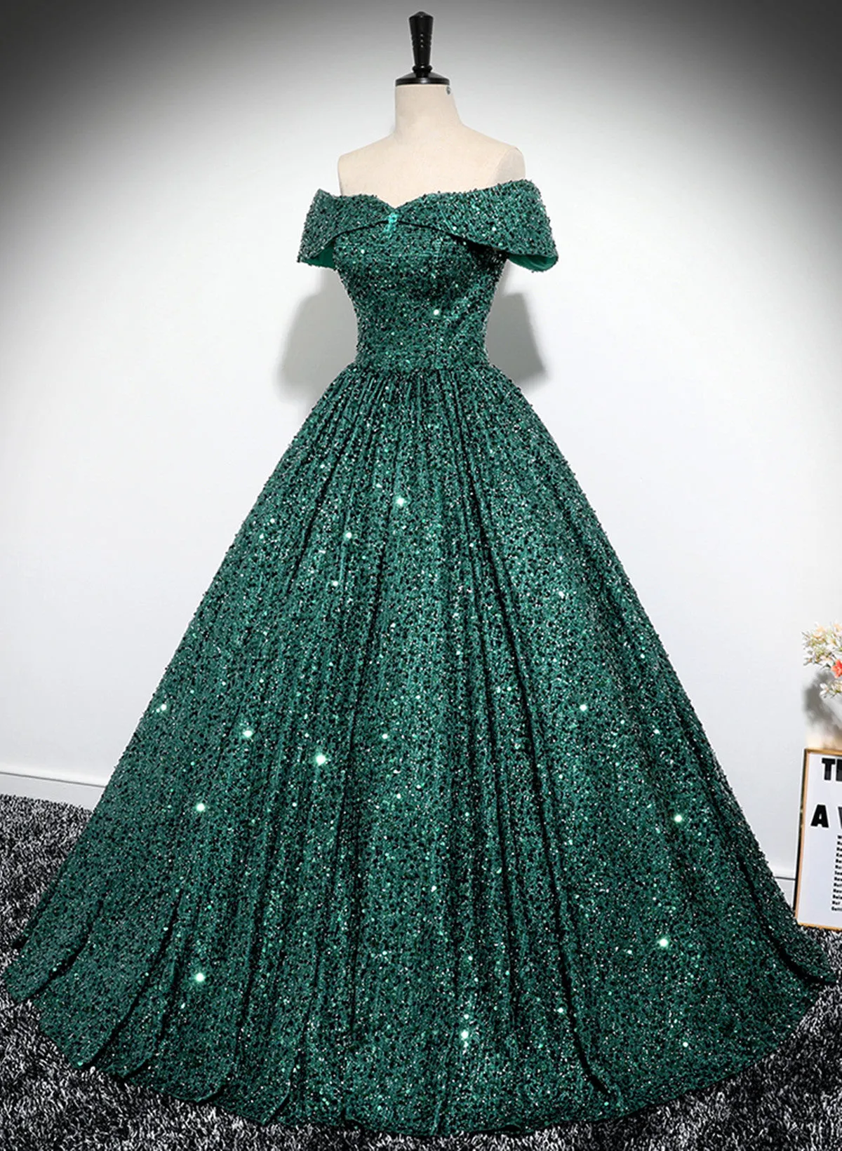 Dark Green Sequins Off Shoulder Ball Gown Party Dress, Dark Green Formal Dress