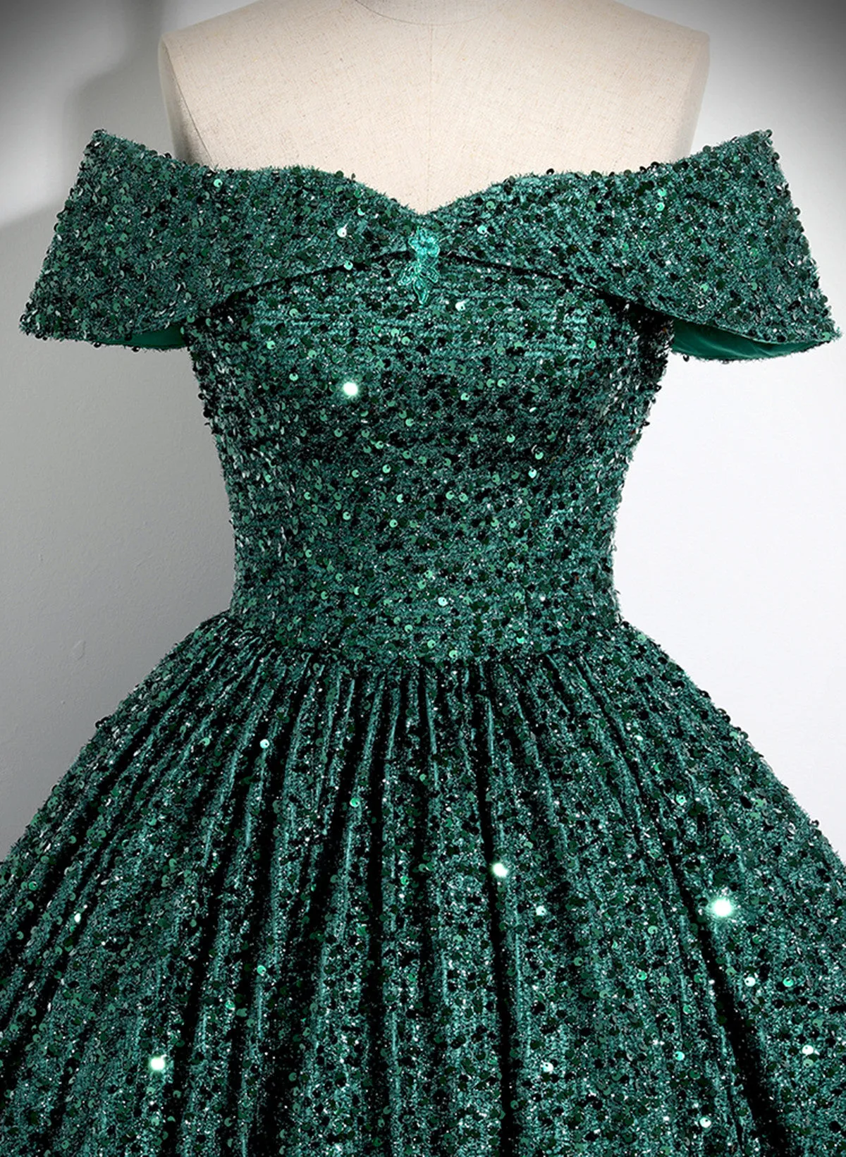 Dark Green Sequins Off Shoulder Ball Gown Party Dress, Dark Green Formal Dress