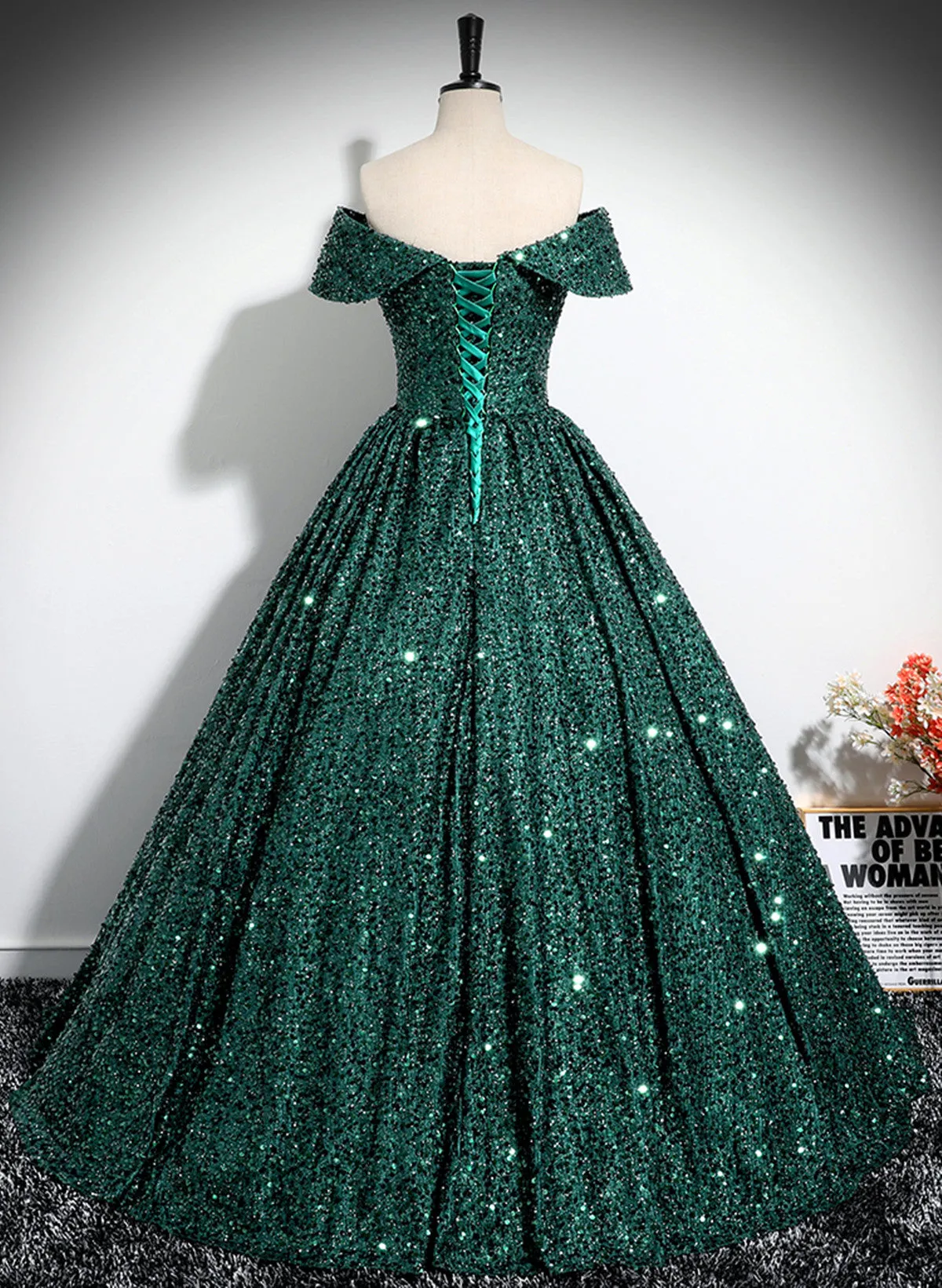 Dark Green Sequins Off Shoulder Ball Gown Party Dress, Dark Green Formal Dress