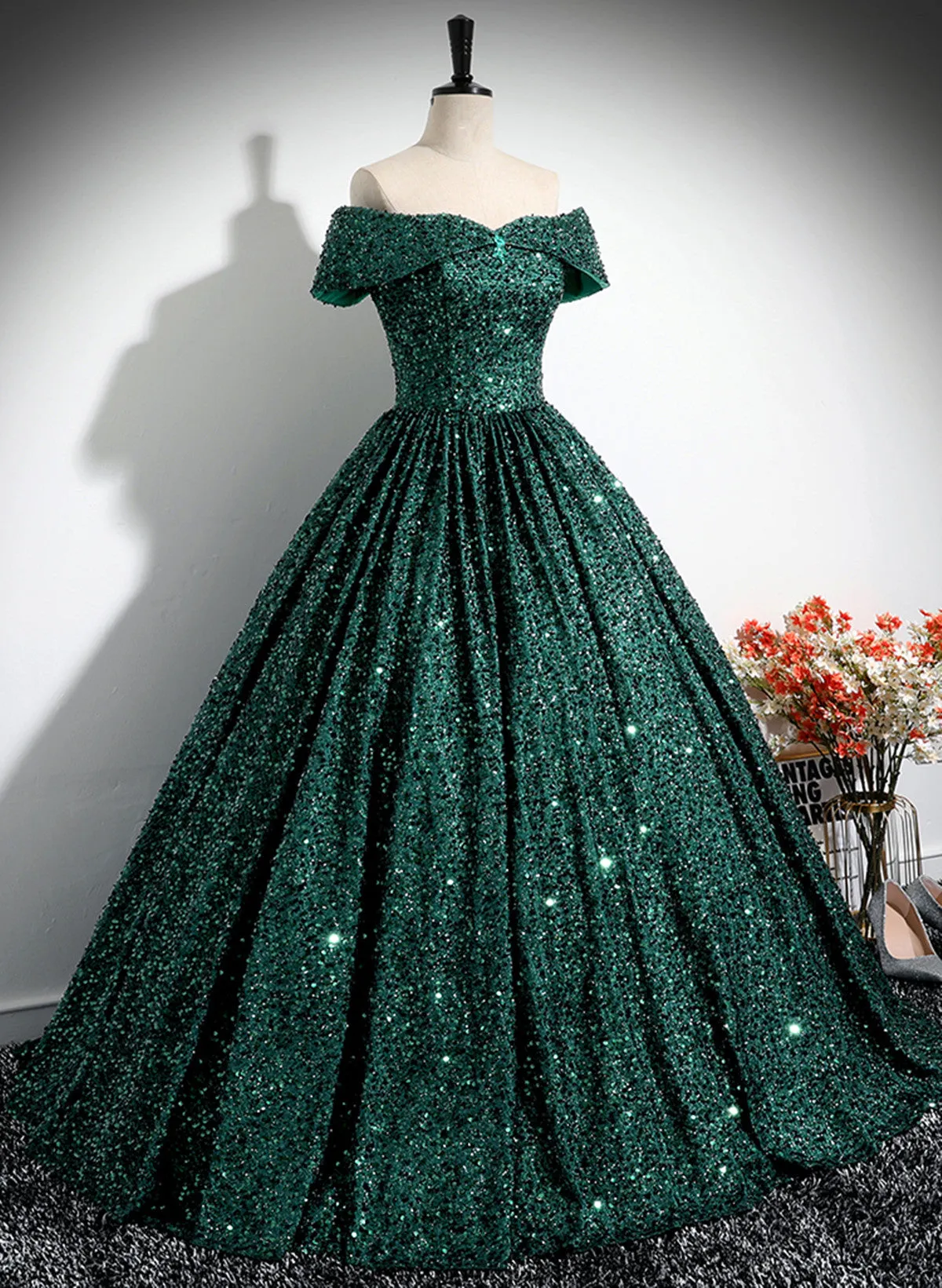 Dark Green Sequins Off Shoulder Ball Gown Party Dress, Dark Green Formal Dress