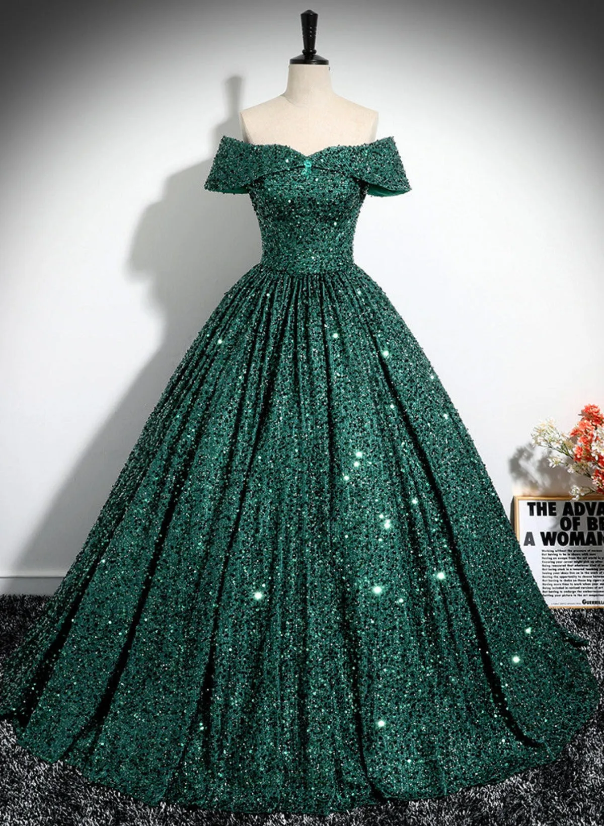 Dark Green Sequins Off Shoulder Ball Gown Party Dress, Dark Green Formal Dress