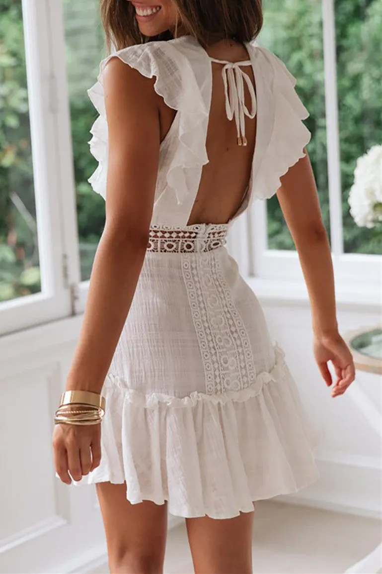 Deep V Backless Embroidery Lace Dress