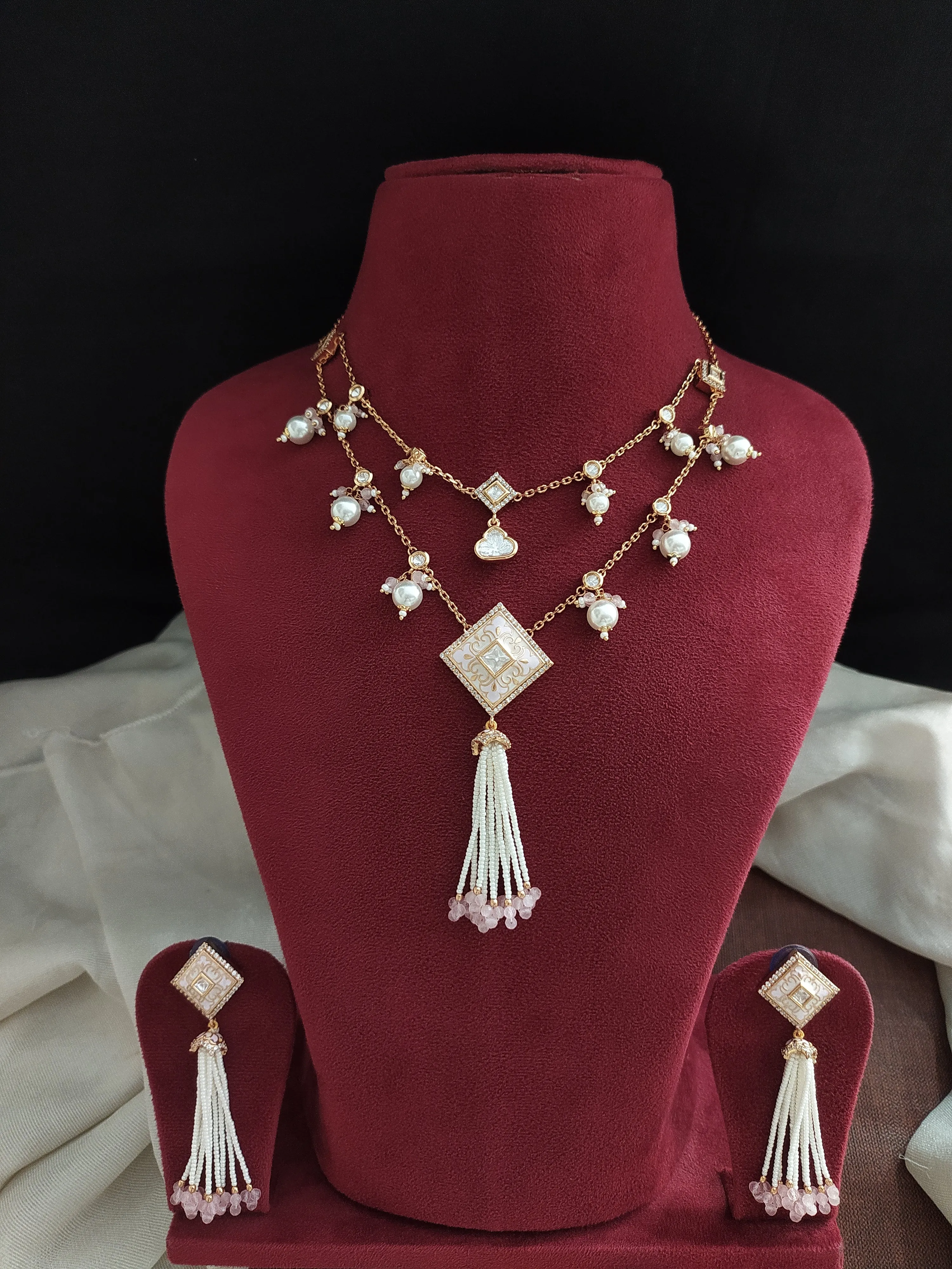 Double-Layer Kundan Modern Necklace Set with Meenakari