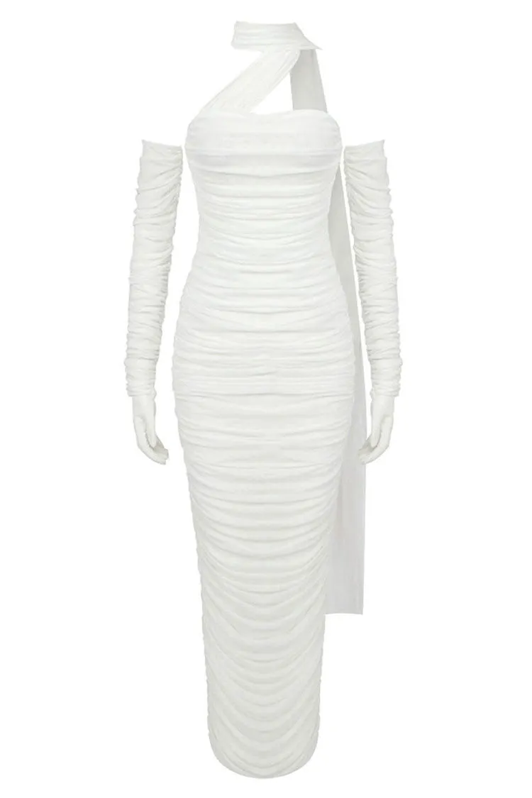 Elegant Glove Draped Halter Mesh Ruched Bodycon Formal Maxi Dress - White