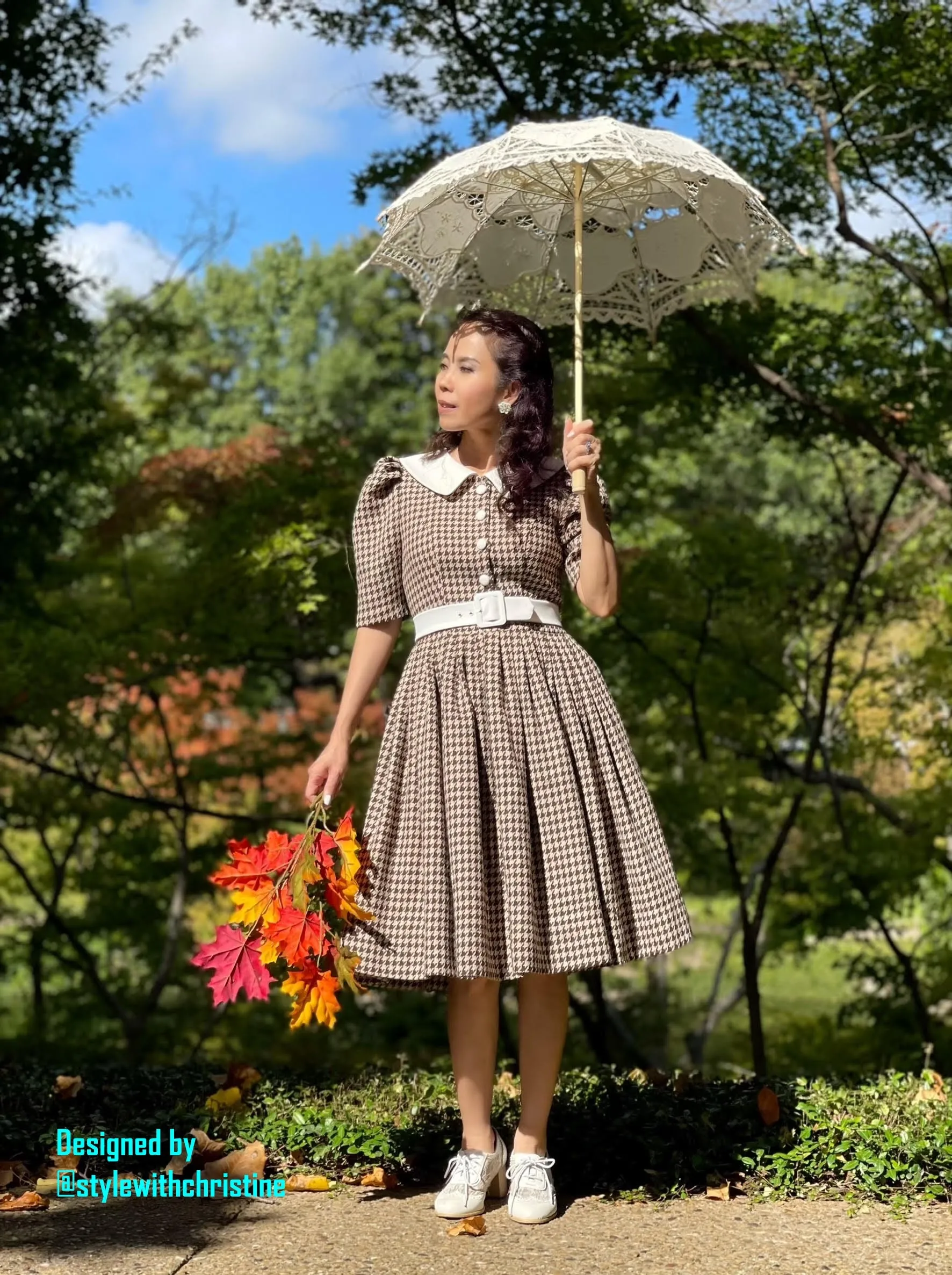 Ellie Dress in Tweed Hounds Tooths Brown