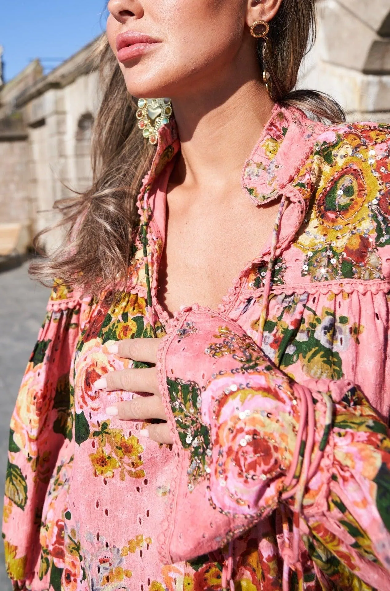 Embellished Blouse Graciosa in Pink Print