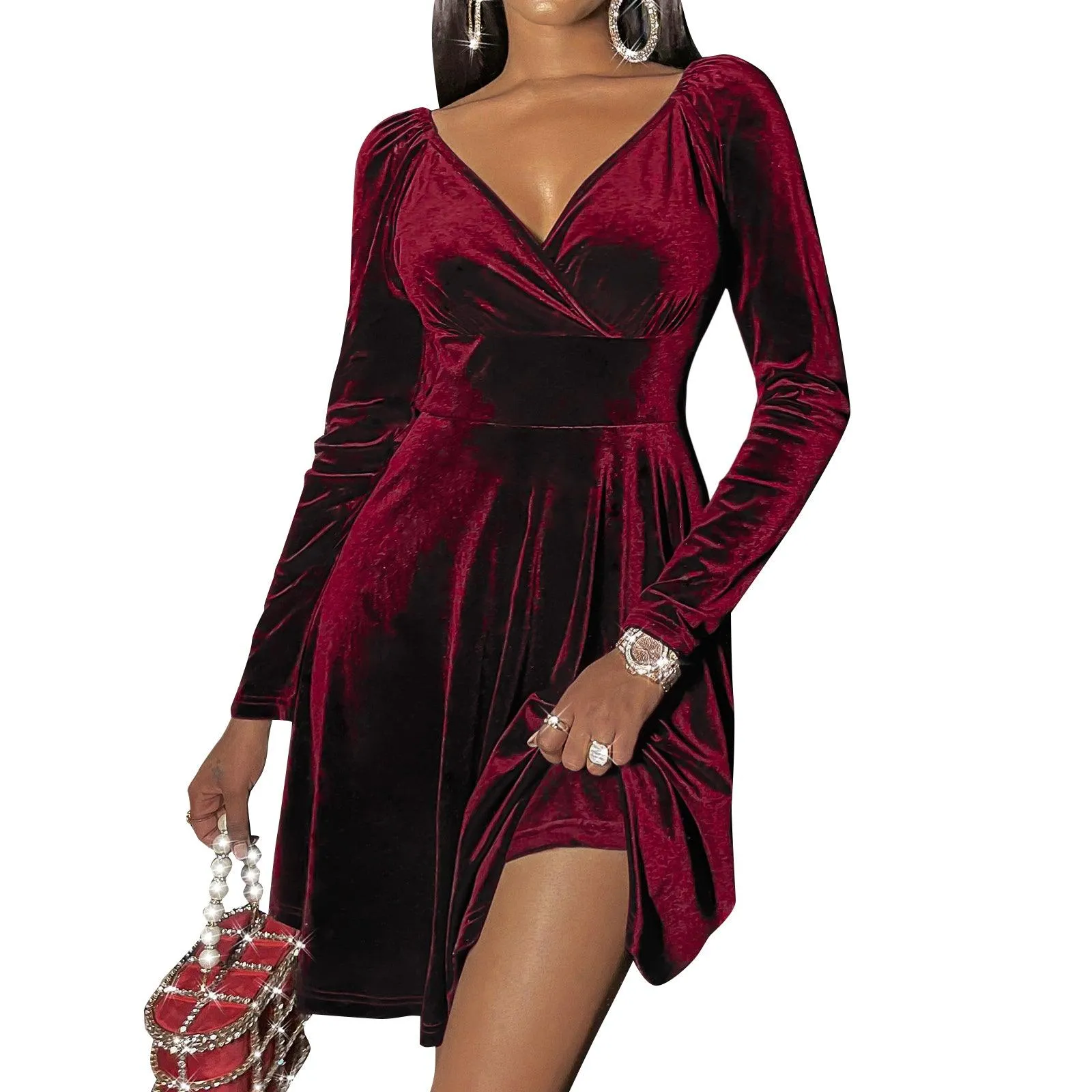 European And American V-neck Velvet Dress