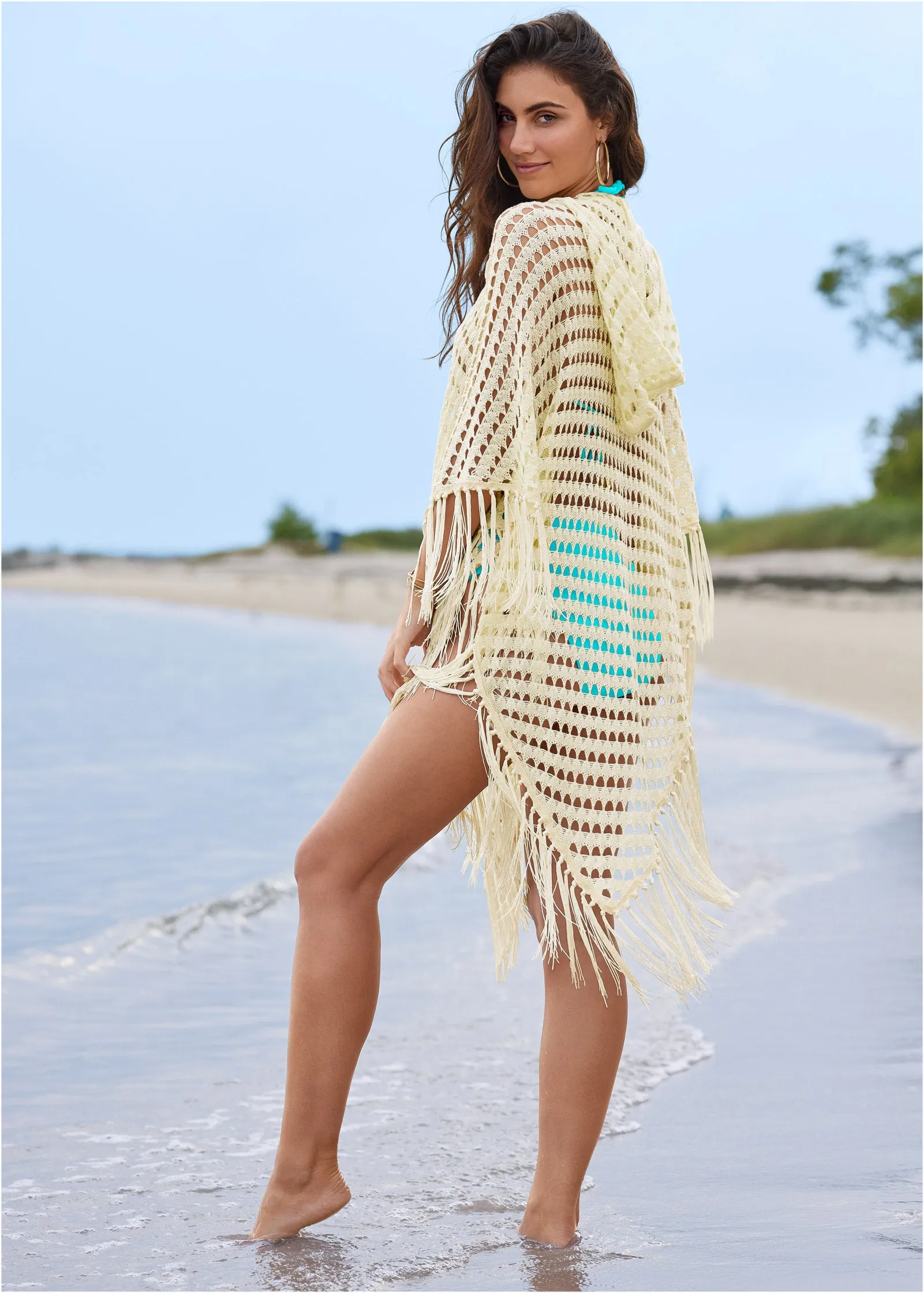 Exotic Fringe Poncho Hoodie - Cream