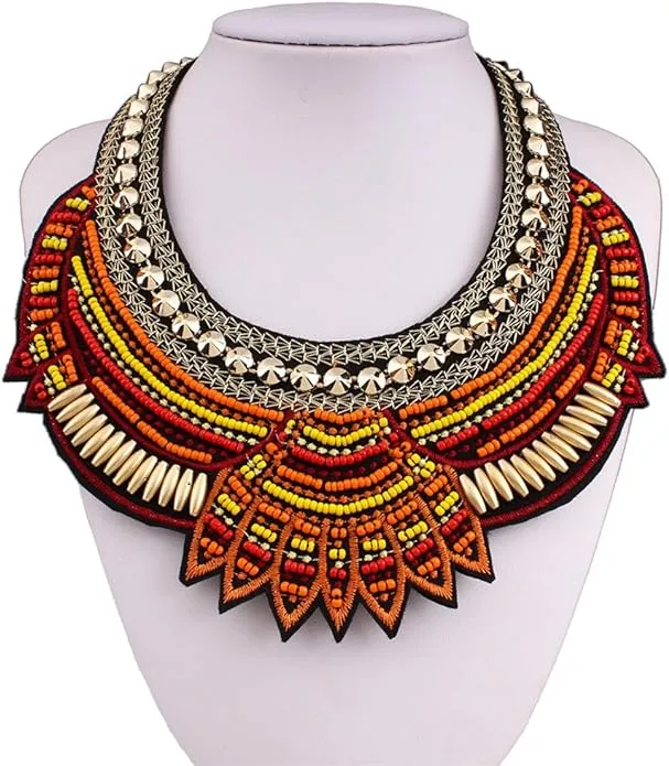 Exotic Tribal Blue Red & Gold Collar Necklace