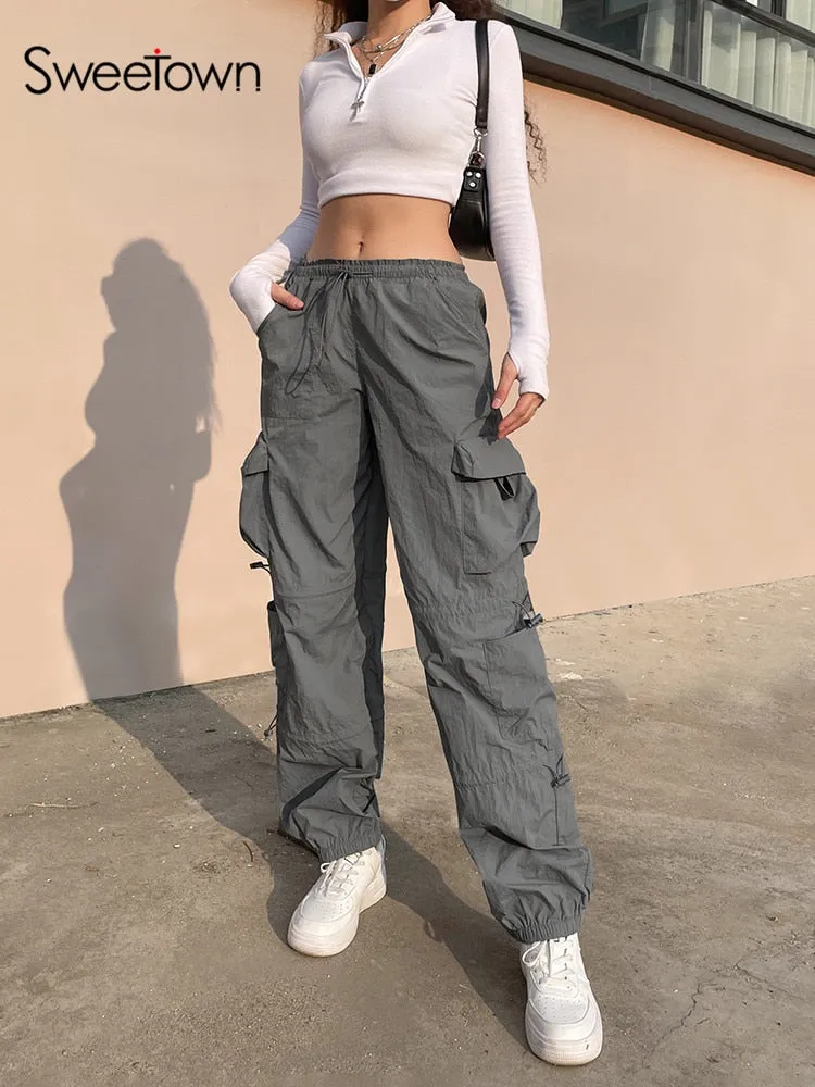 Fashionkova  Gray Solid Hippie Y2K Sweatpants Drawstring Low Waist Casual Baggy Joggers Women Patchwork Pockets Black Cargo Pants