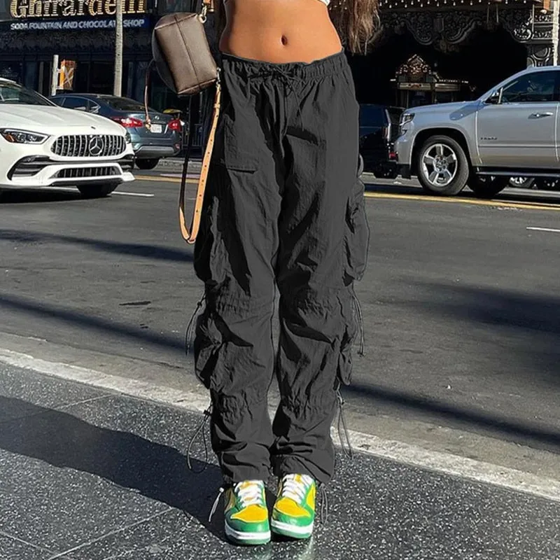 Fashionkova  Gray Solid Hippie Y2K Sweatpants Drawstring Low Waist Casual Baggy Joggers Women Patchwork Pockets Black Cargo Pants