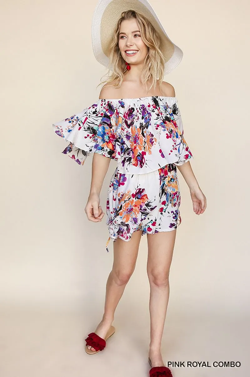 Floral Off Shoulder Romper, Pink Royal