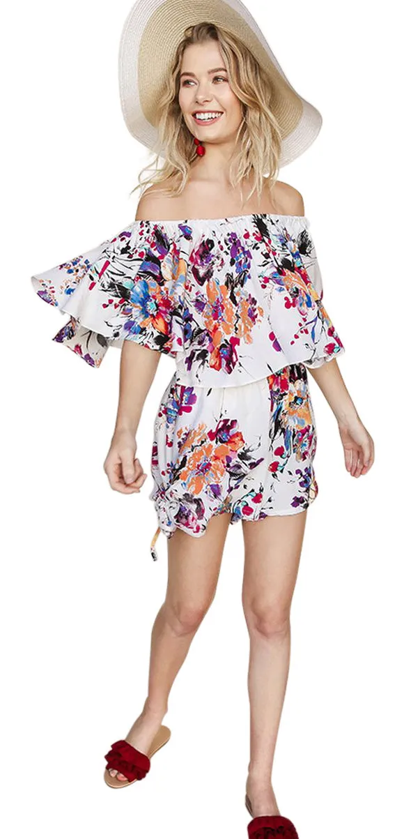 Floral Off Shoulder Romper, Pink Royal