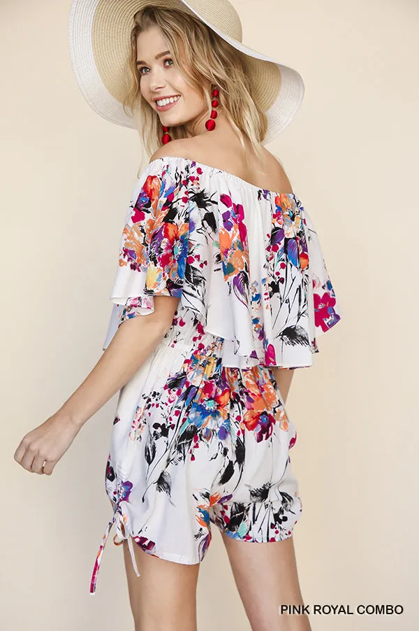 Floral Off Shoulder Romper, Pink Royal