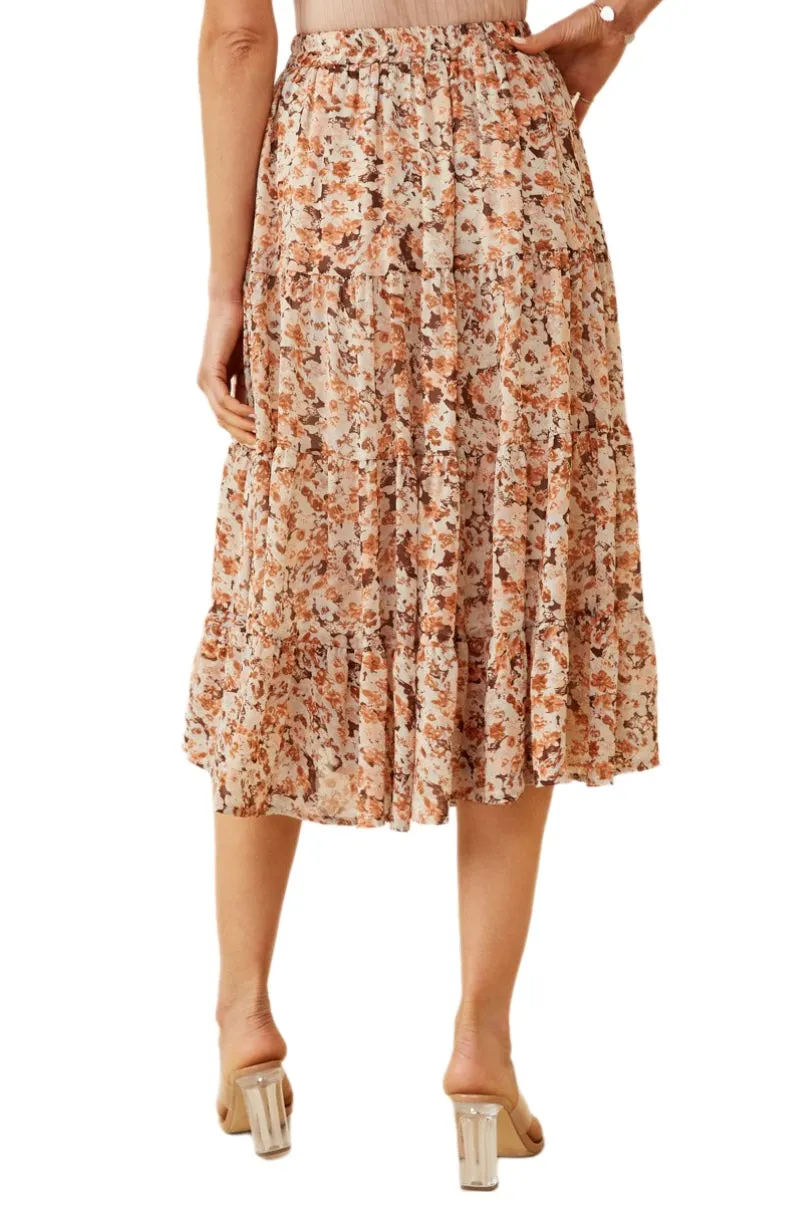 Floral Print Midi Skirt Style 5425 in Brown