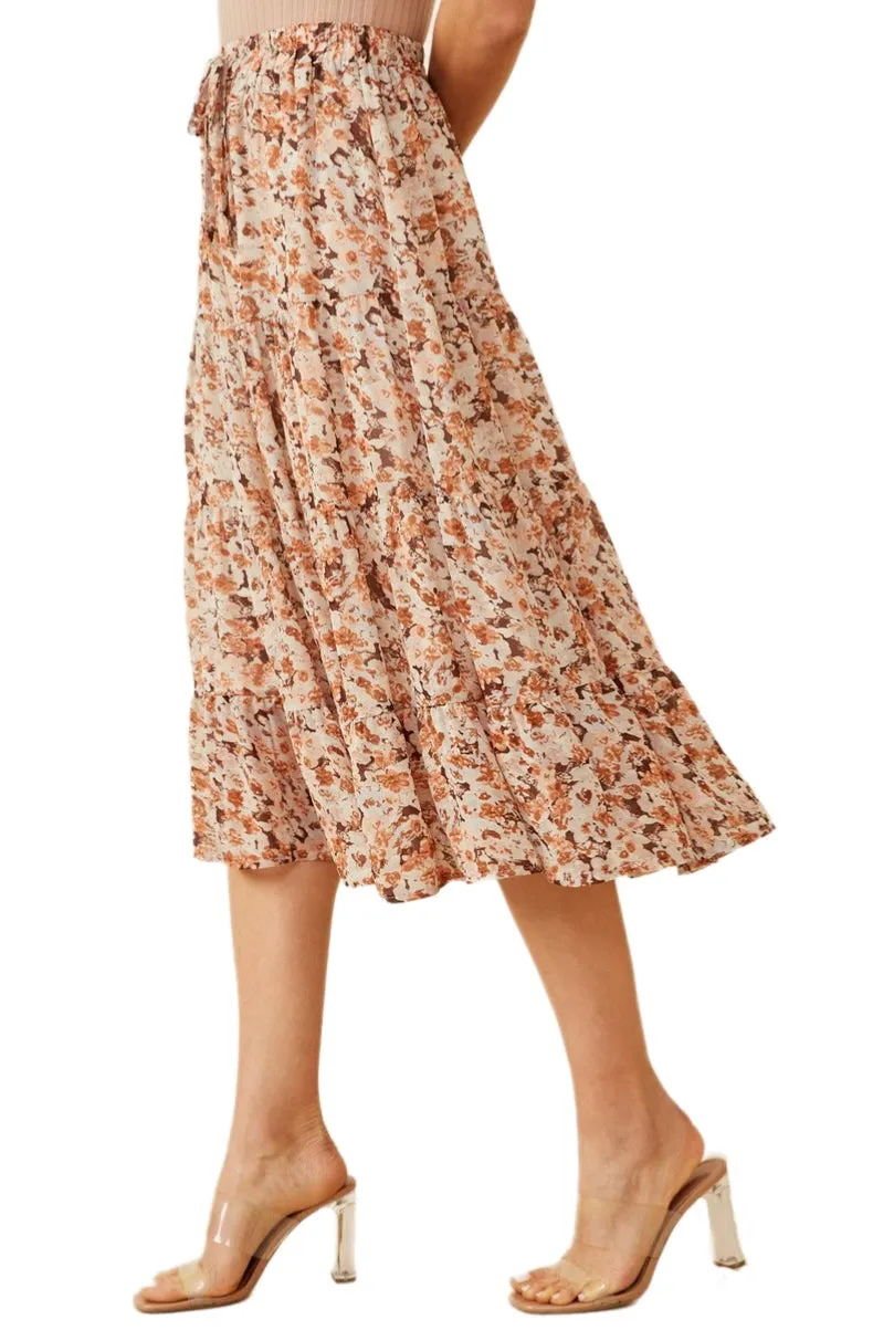 Floral Print Midi Skirt Style 5425 in Brown