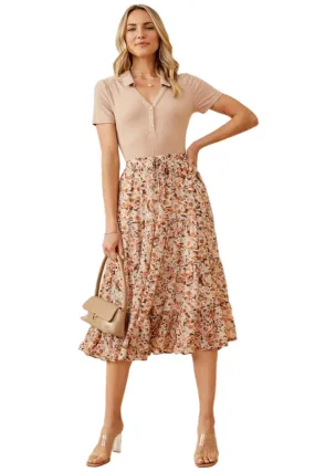 Floral Print Midi Skirt Style 5425 in Brown