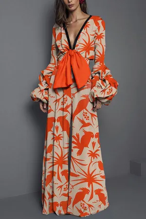 Floral V-neck Trumpet Sleeves Jumpsuit