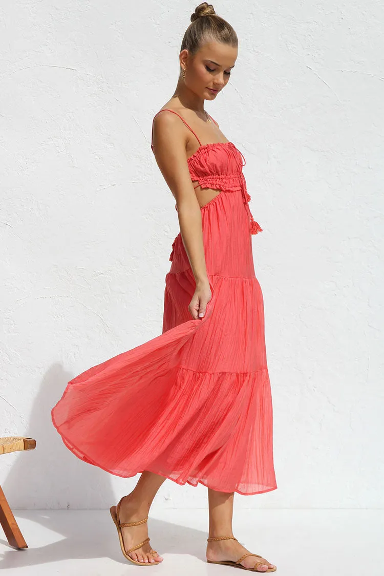 Flowy Frilled Tie Neck Cutout Ruched Flared Summer Midi Sundress - Watermelon