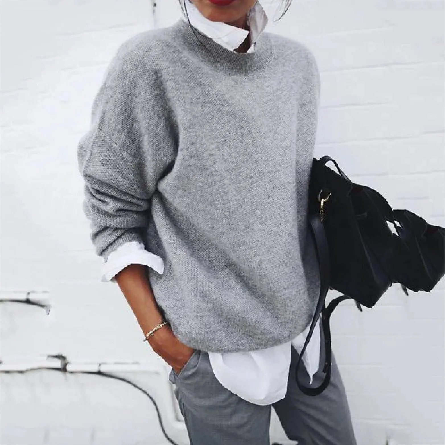 Flytonn-Fall Outfits Women Outwear Streetwear -women fall outfits high street ins style  buisnesscore outfit women Autumn and Winter New EBay Shirt round Neck Long Sleeve Fake Two-Piece Sweater Coat for Women