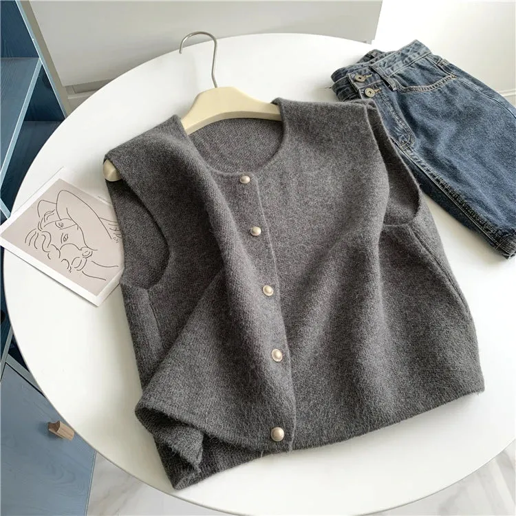 Flytonn-Fall Outfits Women Outwear Streetwear -women fall outfits high street ins style -Single Breasted Small Gold Button Round Neck Slimming Knit Vest For Women Korean Loose Fitting Shoulder Top